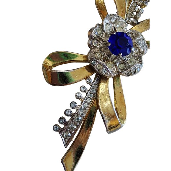 Antique Heavy Gold Plated 30's Rhinestone Bow Flower Brooch (A1802) - Picture 3 of 7